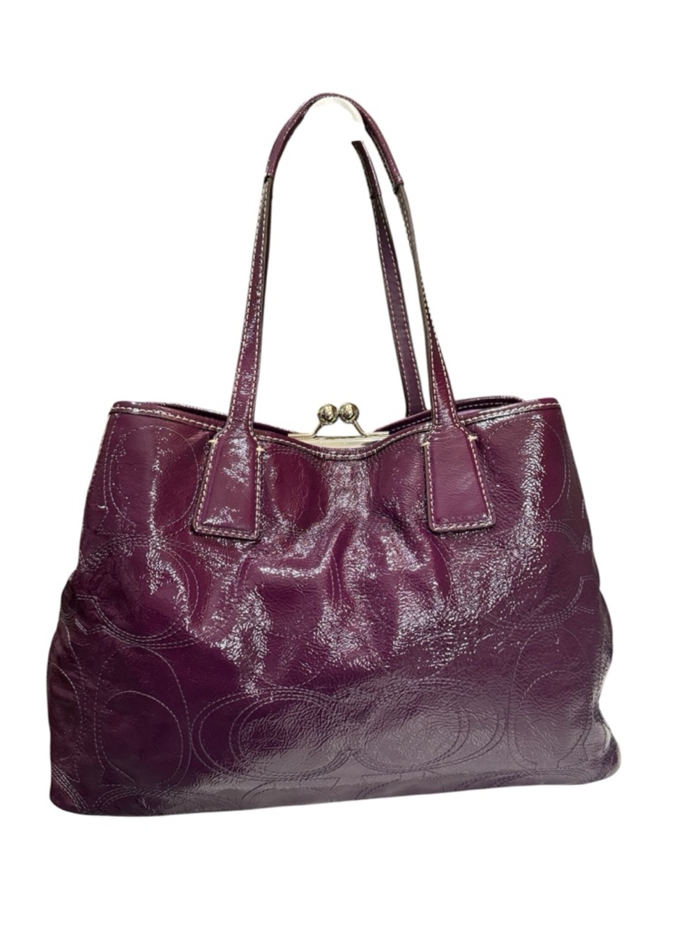 Coach Stitch Kisslock Carryall Satchel - Plum w/ Purse Pillow - Picture 2 of 7